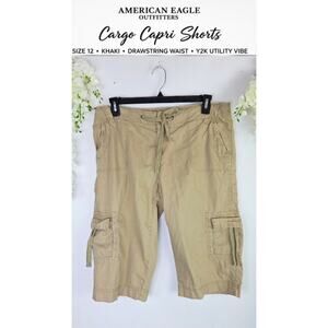 American Eagle Y2K Cargo Capri Womens 12 Khaki Drawstring Utility Outdoor School